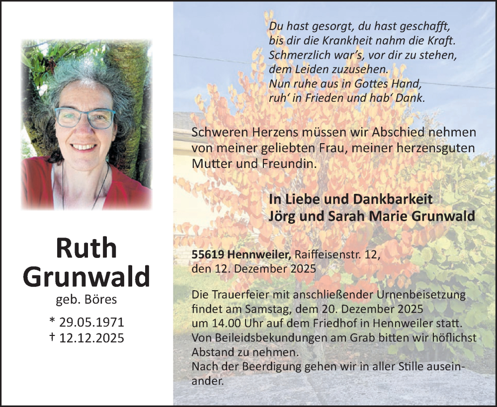  Traueranzeige für Ruth Grunwald vom 20.12.2025 aus WochenSpiegel