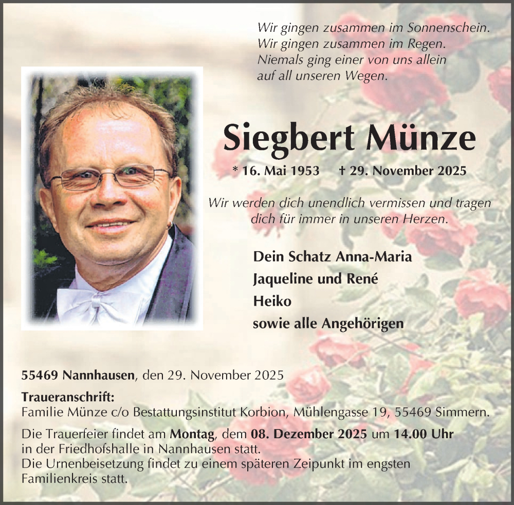  Traueranzeige für Siegbert Münze vom 06.12.2025 aus WochenSpiegel