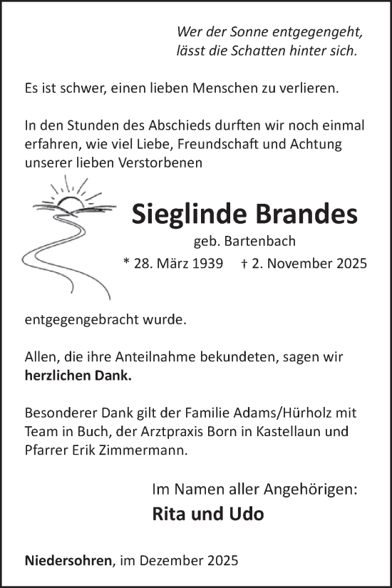 Traueranzeige von Sieglinde Brandes von WochenSpiegel