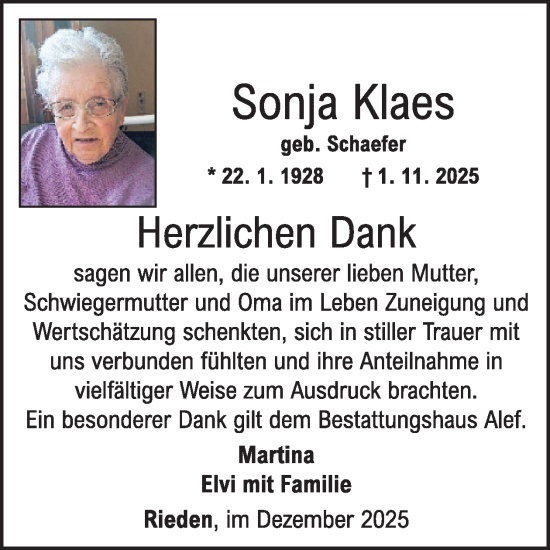 Traueranzeige von Sonja Klaes von WochenSpiegel