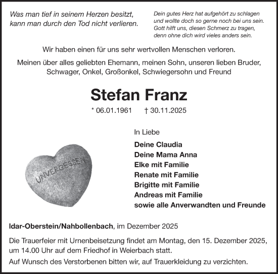 Traueranzeige von Stefan Franz von WochenSpiegel