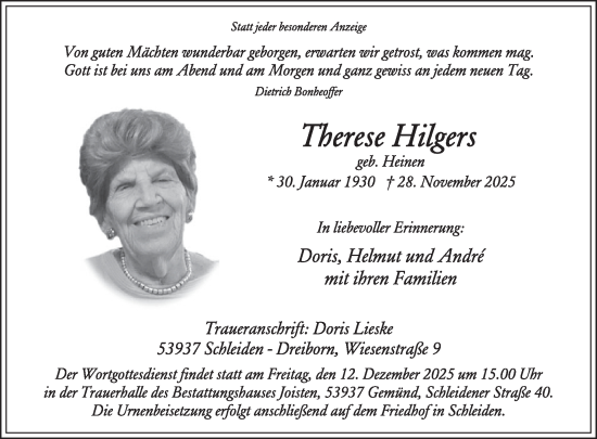 Traueranzeige von Therese Hilgers von WochenSpiegel