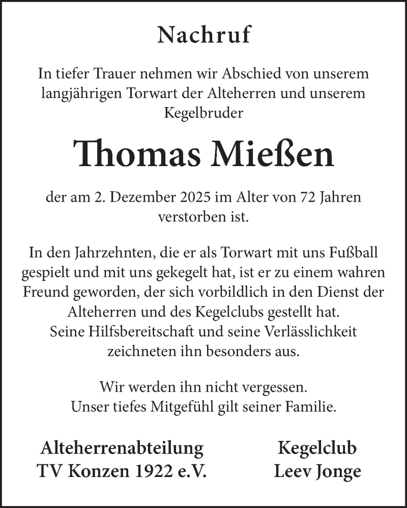  Traueranzeige für Thomas Mießen vom 10.12.2025 aus WochenSpiegel