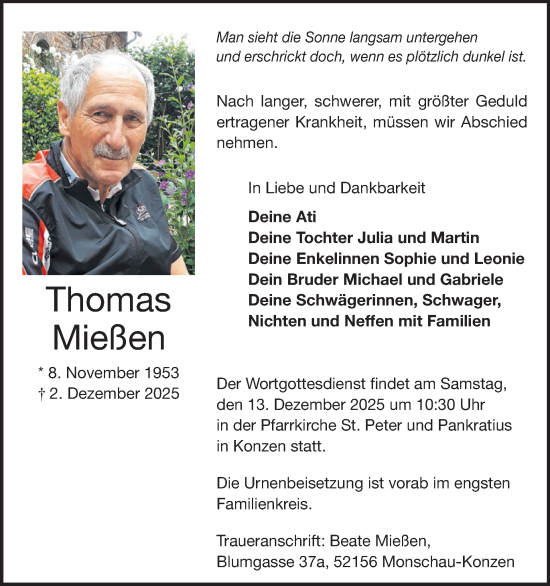 Traueranzeige von Thomas Mießen von WochenSpiegel