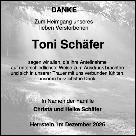 Traueranzeige von Toni Schäfer von WochenSpiegel