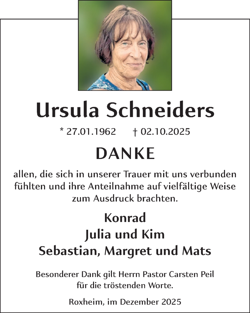  Traueranzeige für Ursula Schneiders vom 13.12.2025 aus WochenSpiegel