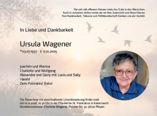 Traueranzeige von Ursula Wagener von WochenSpiegel