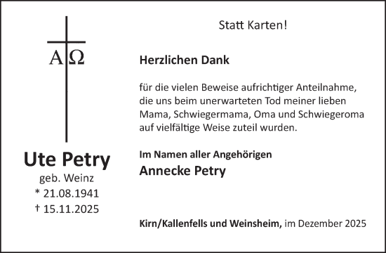 Traueranzeige von Ute Petry von WochenSpiegel