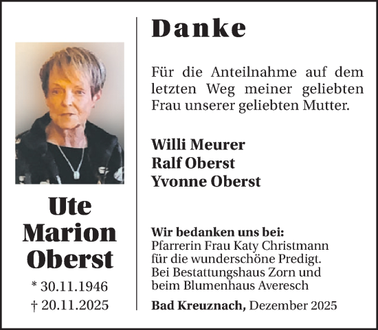 Traueranzeige von Ute Marion Oberst von WochenSpiegel