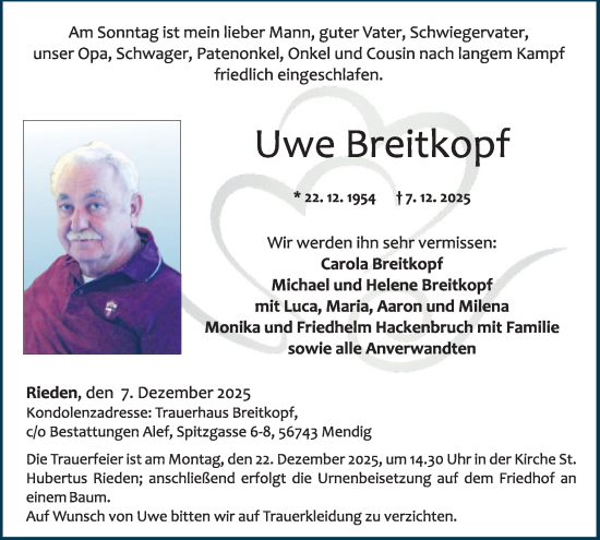 Traueranzeige von Uwe Breitkopf von WochenSpiegel