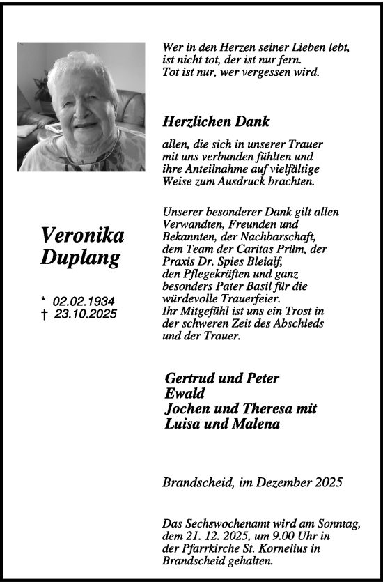Traueranzeige von Veronika Duplang von WochenSpiegel