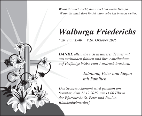 Traueranzeige von Walburga Friederichs von WochenSpiegel
