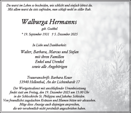 Traueranzeige von Walburga Hermanns von WochenSpiegel