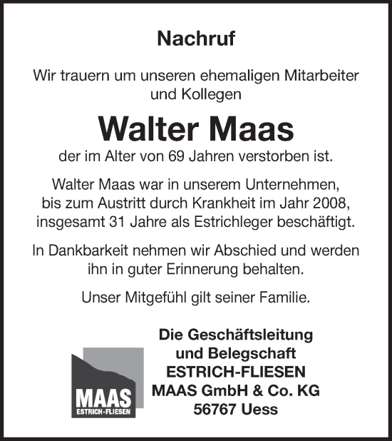 Traueranzeige von Walter Maas von WochenSpiegel