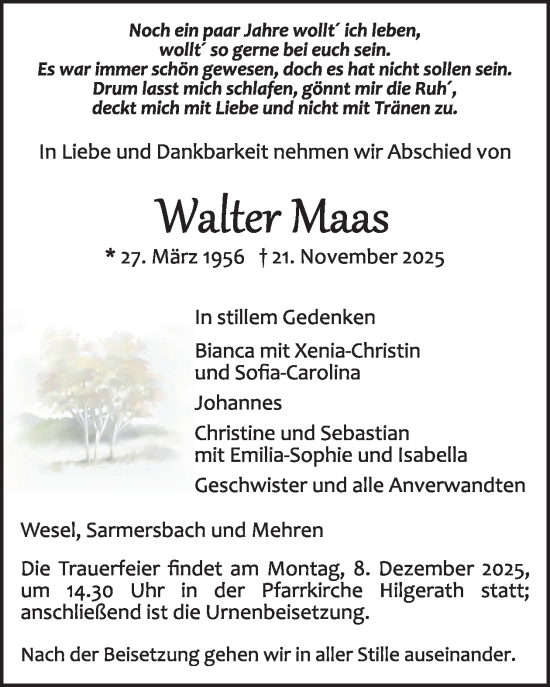 Traueranzeige von Walter Maas von WochenSpiegel