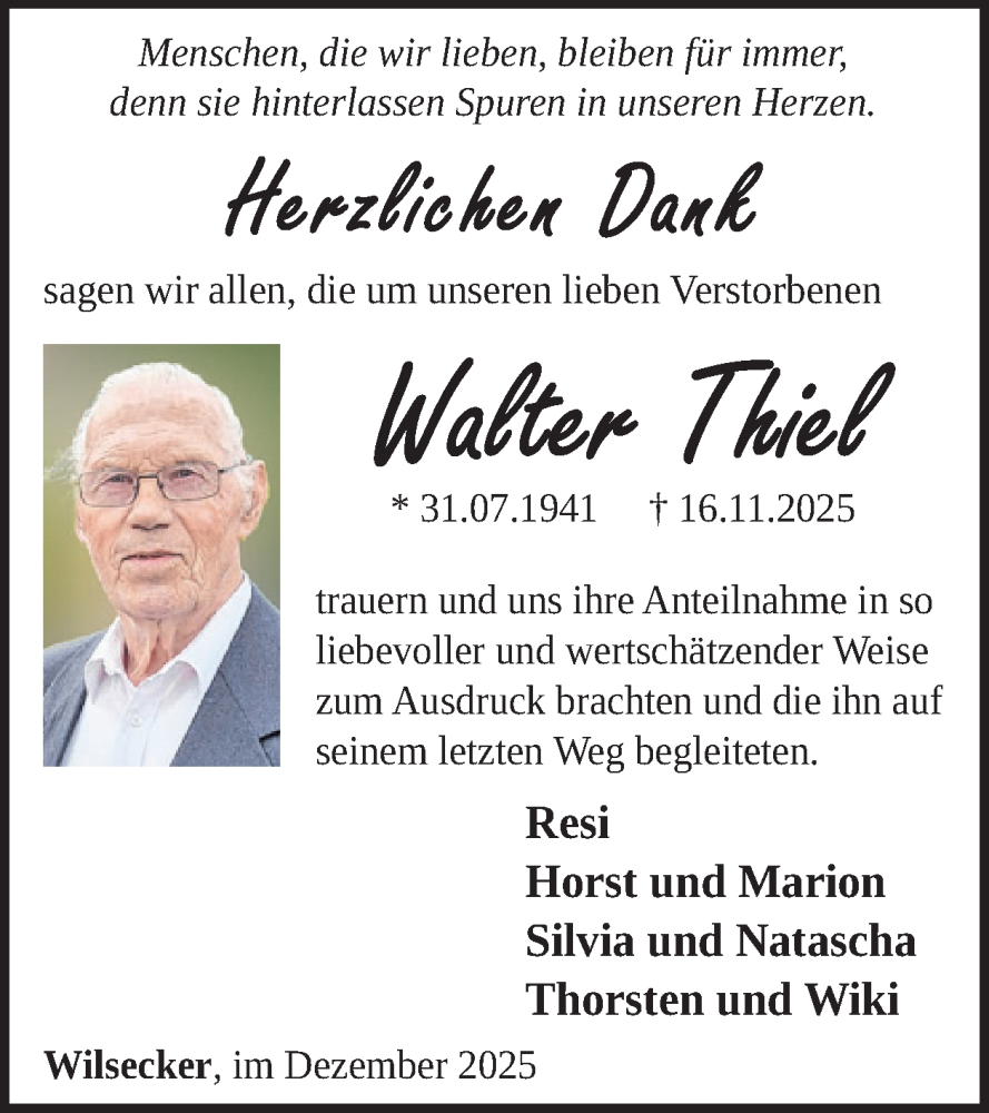  Traueranzeige für Walter Thiel vom 19.12.2025 aus WochenSpiegel