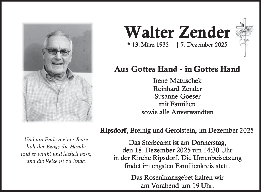  Traueranzeige für Walter Zender vom 13.12.2025 aus WochenSpiegel