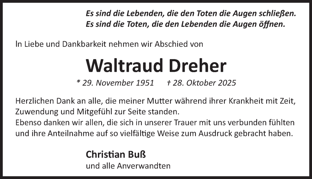  Traueranzeige für Waltraud Dreher vom 06.12.2025 aus WochenSpiegel