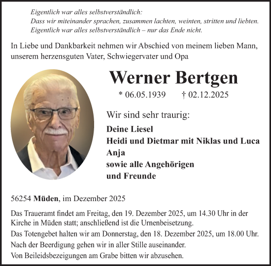 Traueranzeige von Werner Bertgen von WochenSpiegel