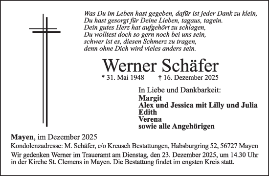 Traueranzeige von Werner Schäfer von WochenSpiegel