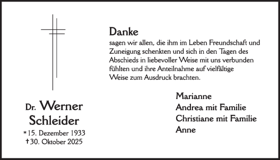 Traueranzeige von Werner Schleider von WochenSpiegel