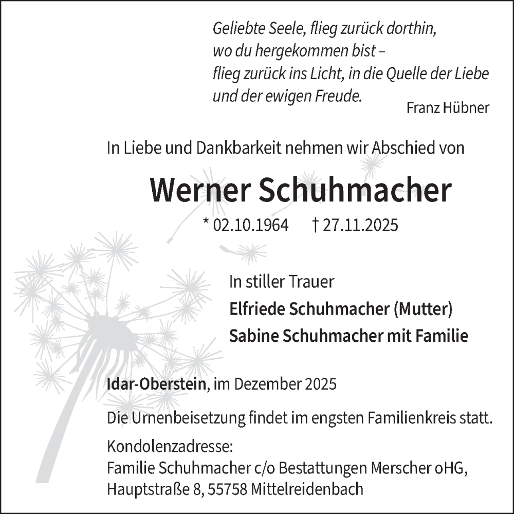  Traueranzeige für Werner Schuhmacher vom 13.12.2025 aus WochenSpiegel
