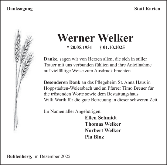 Traueranzeige von Werner Welker von WochenSpiegel
