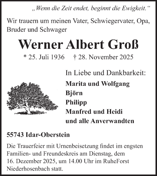 Traueranzeige von Werner Albert Groß von WochenSpiegel