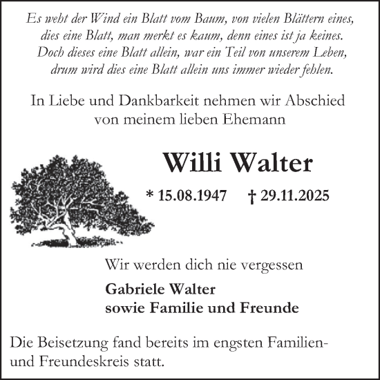 Traueranzeige von Willi Walter von WochenSpiegel
