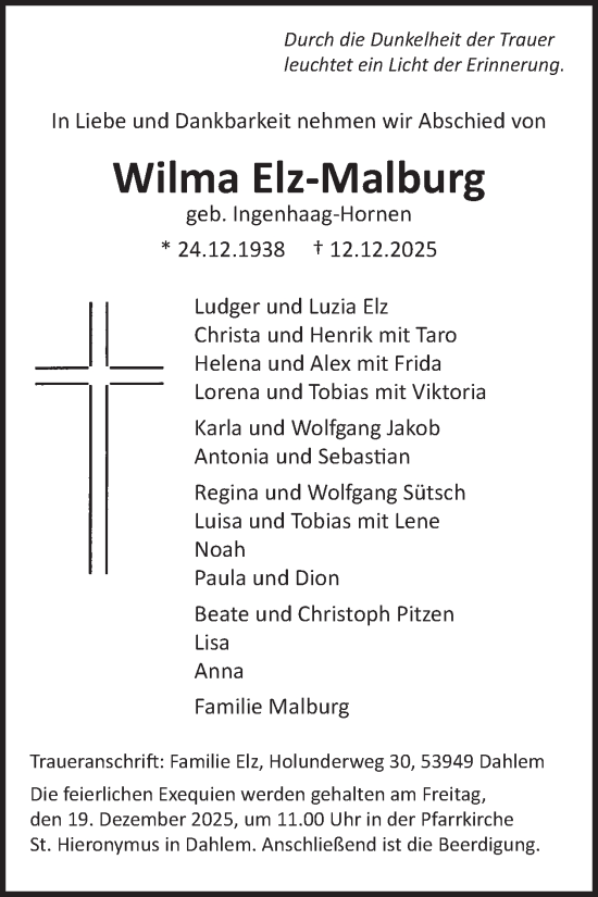 Traueranzeige von Wilma Elz-Malburg von WochenSpiegel
