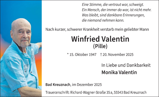 Traueranzeige von Winfried Valentin von WochenSpiegel