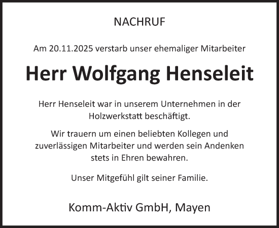 Traueranzeige von Wolfgang Henseleit von WochenSpiegel
