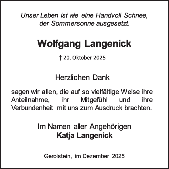 Traueranzeige von Wolfgang Langenick von WochenSpiegel
