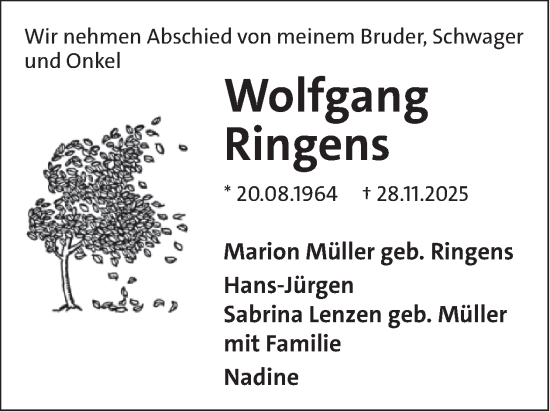 Traueranzeige von Wolfgang Ringens von WochenSpiegel