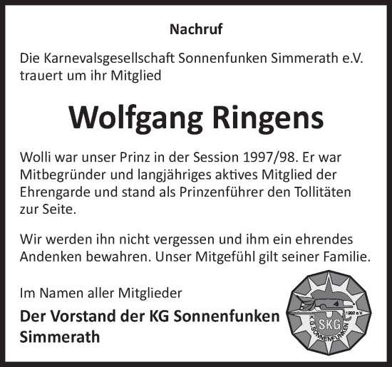 Traueranzeige von Wolfgang Ringens von WochenSpiegel