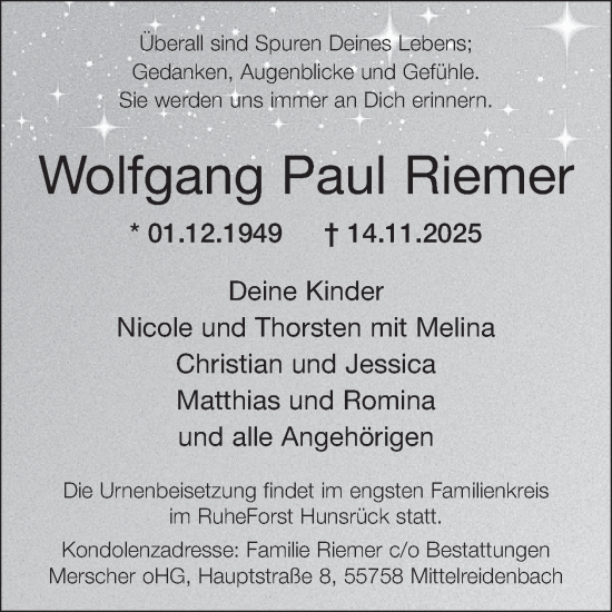 Traueranzeige von Wolfgang Paul Riemer von WochenSpiegel