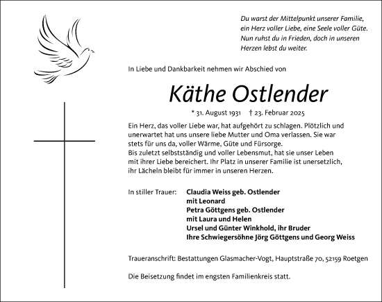 Traueranzeige von Käthe Ostlender von WochenSpiegel