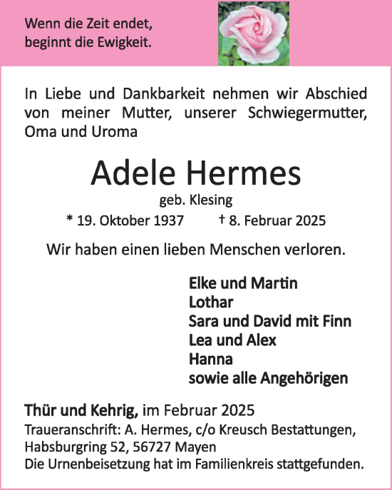 Traueranzeige von Adele Hermes von WochenSpiegel