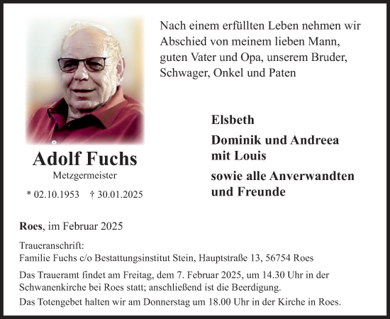 Traueranzeige von Adolf Fuchs von WochenSpiegel