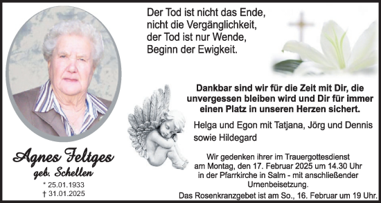 Traueranzeige von Agnes Feltges von WochenSpiegel