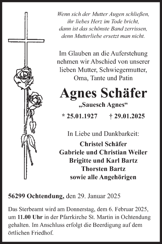 Traueranzeige von Agnes Schäfer von WochenSpiegel