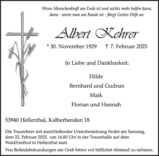 Traueranzeige von Albert Kehrer von WochenSpiegel