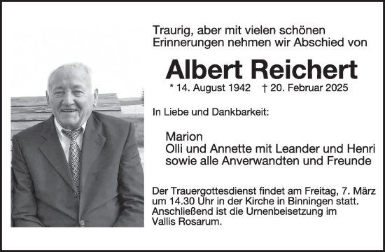 Traueranzeige von Albert Reichert von WochenSpiegel