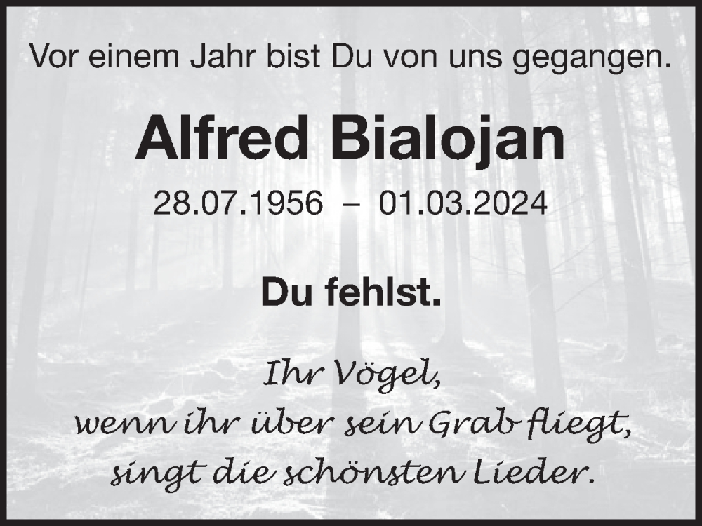  Traueranzeige für Alfred Bialojan vom 01.03.2025 aus WochenSpiegel