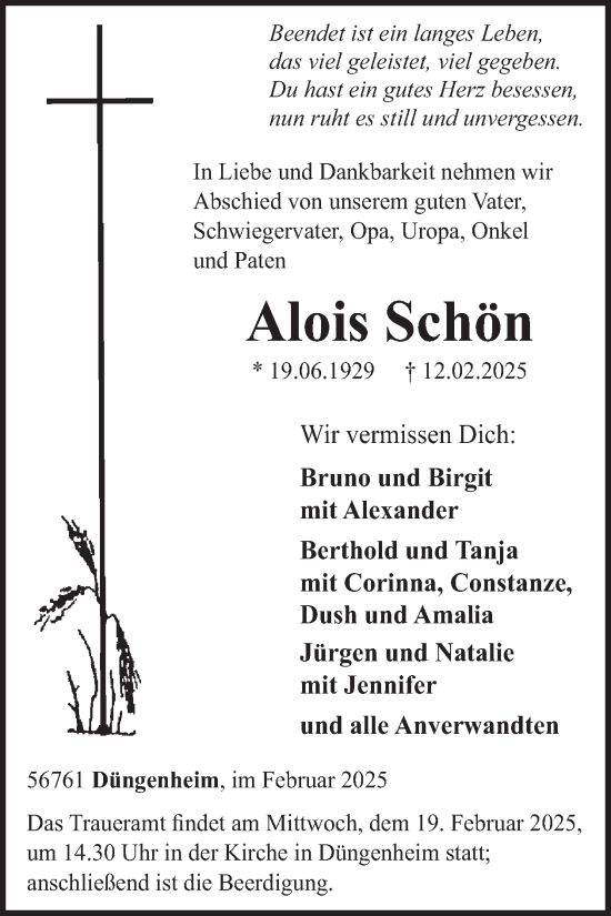 Traueranzeige von Alois Schön von WochenSpiegel