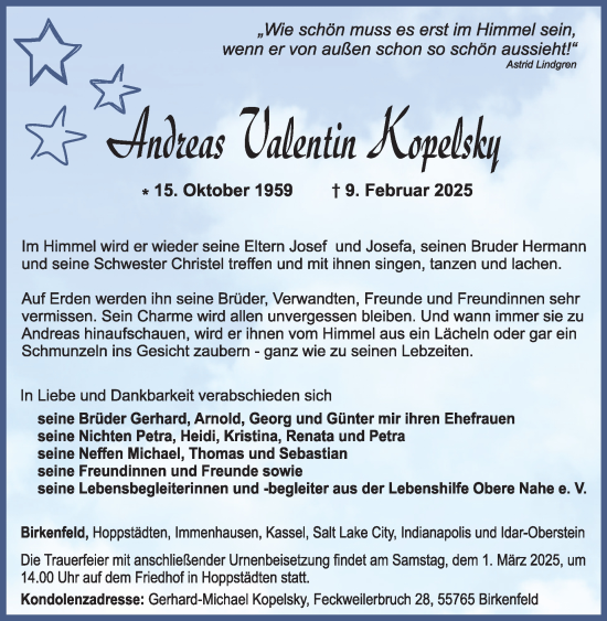 Traueranzeige von Andreas Valentin Kopelsky von WochenSpiegel