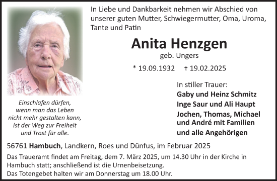 Traueranzeige von Anita Henzgen von WochenSpiegel