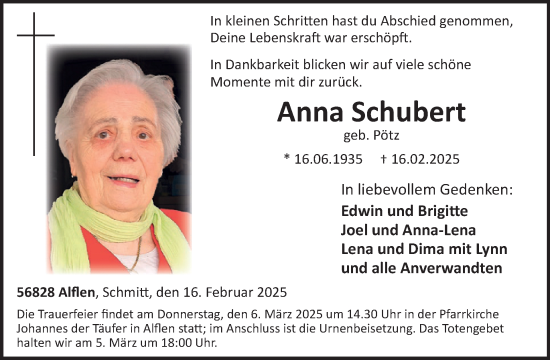 Traueranzeige von Anna Schubert von WochenSpiegel