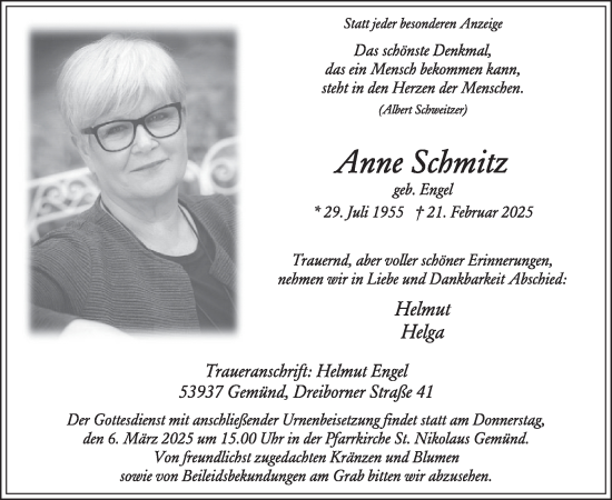 Traueranzeige von Anne Schmitz von WochenSpiegel