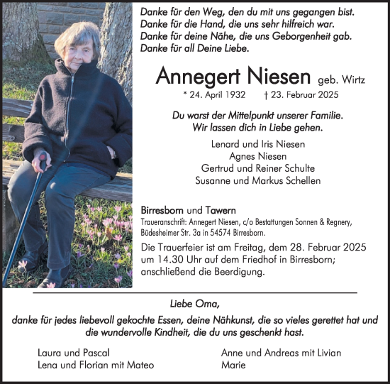 Traueranzeige von Annegret Niesen von WochenSpiegel